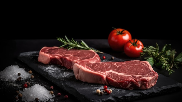 A black board with steaks on it and tomatoes on the side.