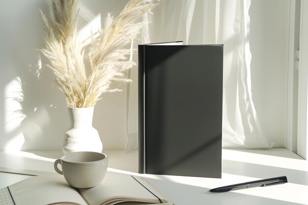 Photo black book mockup on a clean white table with lagurus grass and minimalist workspace accessories in a natural light setting