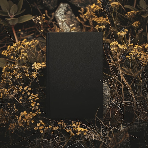 a black book with a white background with yellow flowers