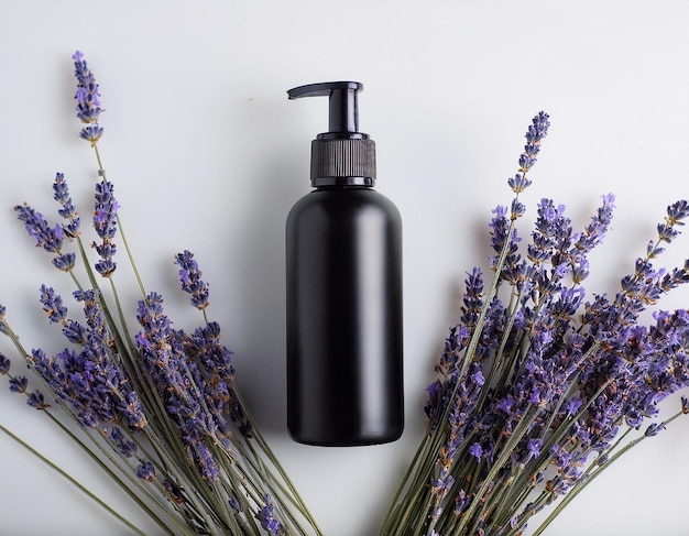 Photo black bottle natural cosmetics lavender flowers on white background