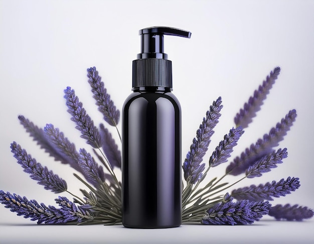 Photo black bottle natural cosmetics lavender flowers on white background