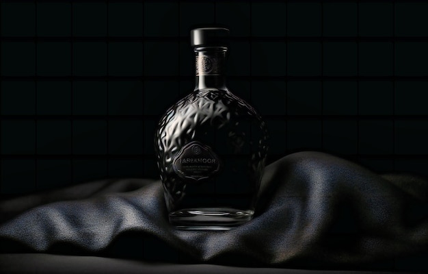 Black bottle sitting on the top of a black fabric