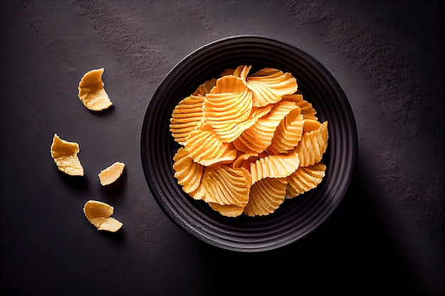 Black bowl chips top view Generative AI Generative AI