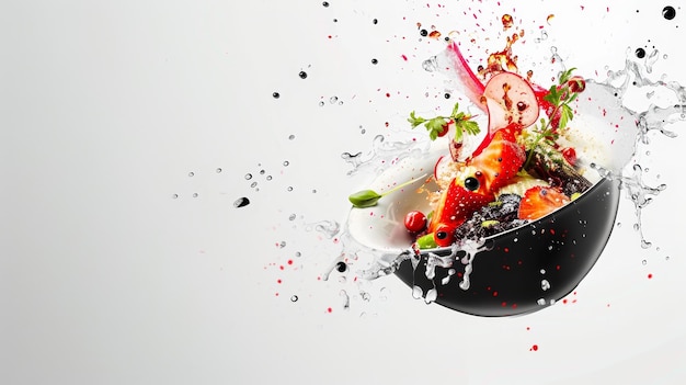 Photo a black bowl filled with fresh salad ingredients like strawberries radish and herbs explodes