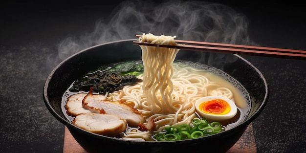 The black bowl of ramen on the table with AI generated