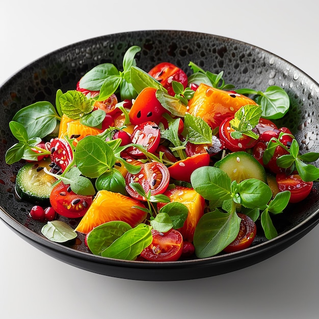 a black bowl of salad with radishes radishes and radishes