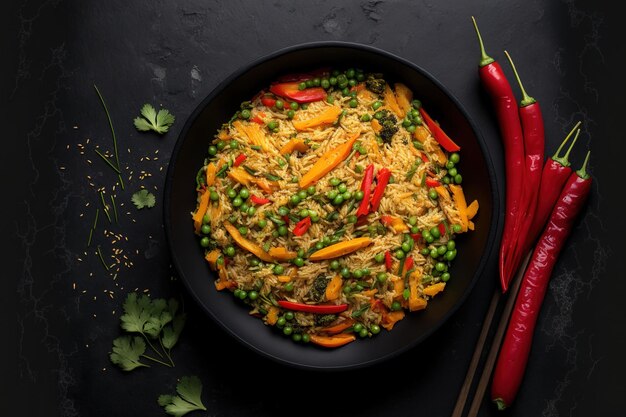 Black bowl of vegetarian schezwan fried rice against a dark slate background