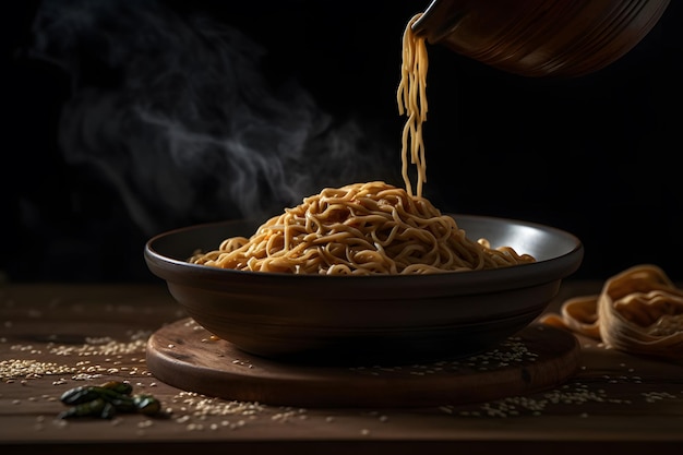 Black bowl with chinese noodles Jiangsu cuisine Neural network AI generated