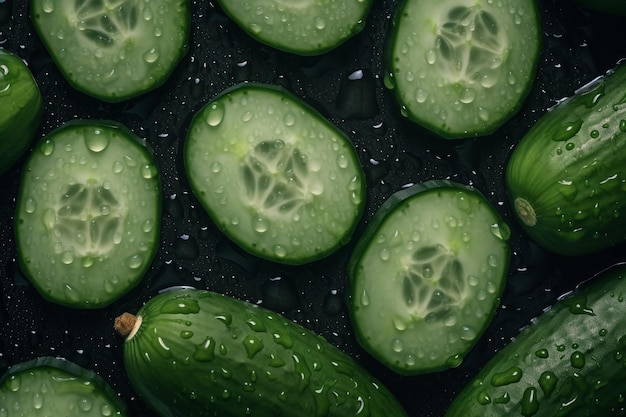 A black bowl with cucumber slices on it