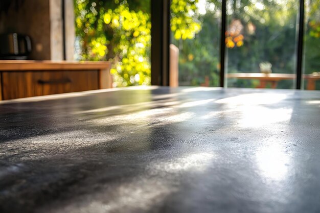 Photo a black bowl with its reflection on a shiny table set against an autumncolored window view