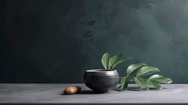 A black bowl with leaves on it sits on a gray table.