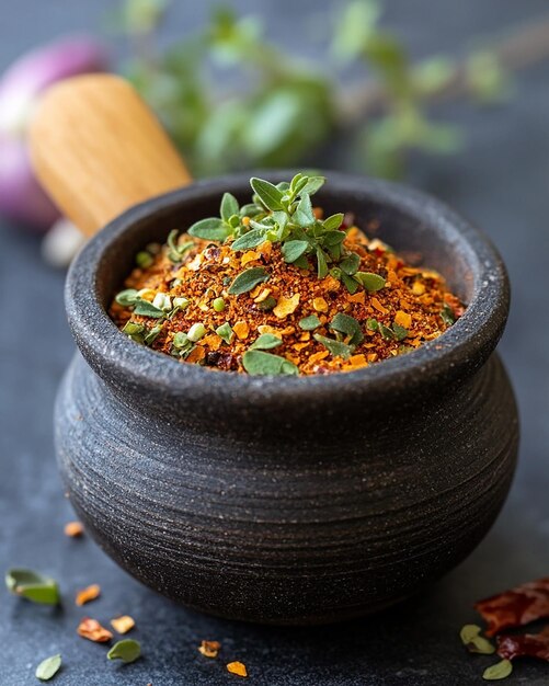 Photo a black bowl with a wooden spoon and some spices in it