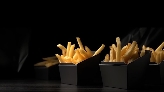 A black box of french fries is on a table.