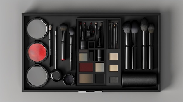 Photo a black box of makeup brushes and brushes with different colors