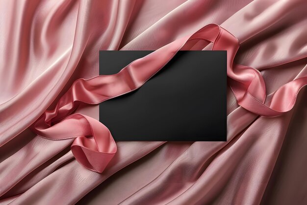 A black box tied with a pink ribbon on a silk background