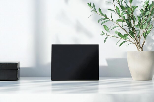 Photo a black box on a white table with a plant in the corner