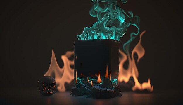 A black box with a blue smoke coming out of it and a skull on the top.