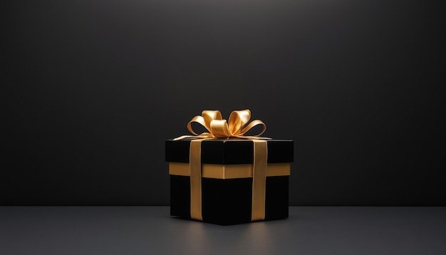 a black box with a gold ribbon around it