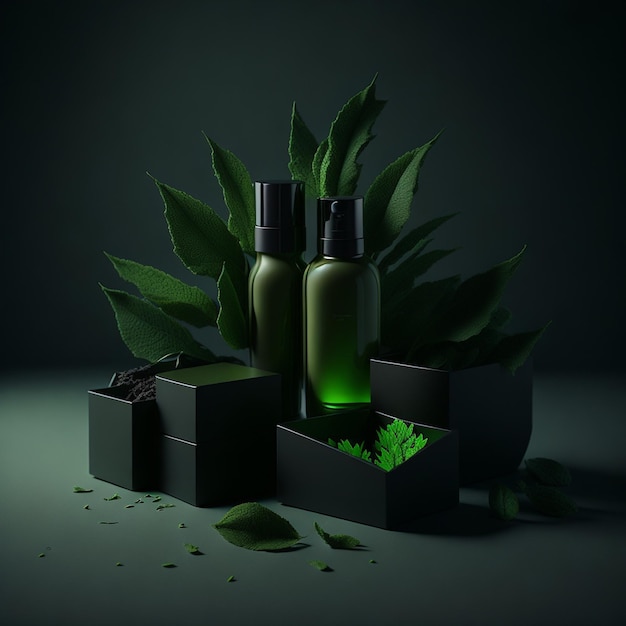 A black box with a green bottle of soap next to it.