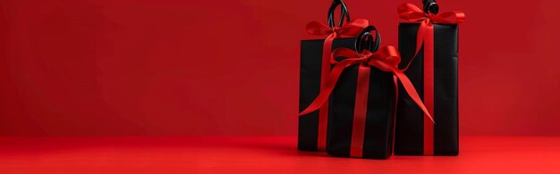 Photo a black box with a red ribbon on it is on a red background