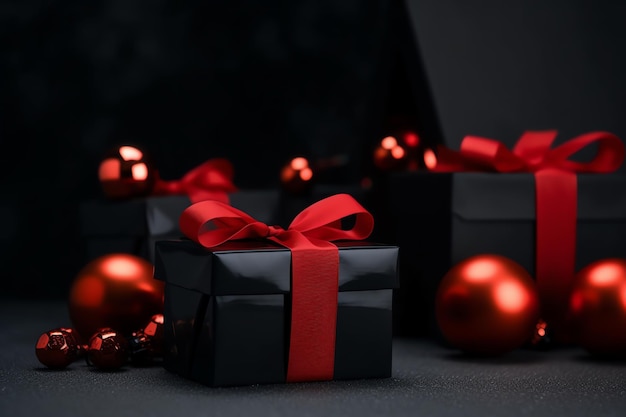 A black box with red ribbon and a red bow sits in front of a christmas tree