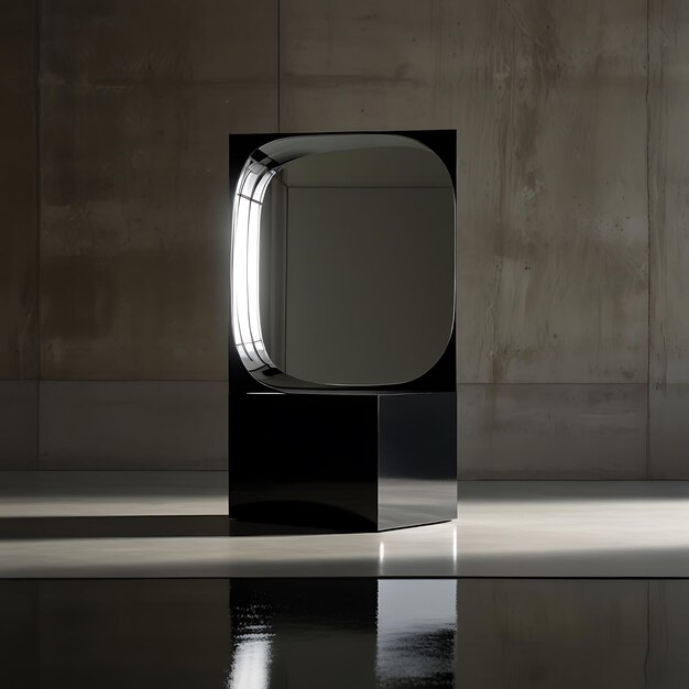 Photo a black box with a reflection of a tv on the floor