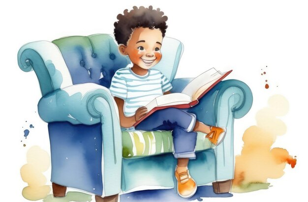 black boy reading interesting book watercolor illustration storytelling children education