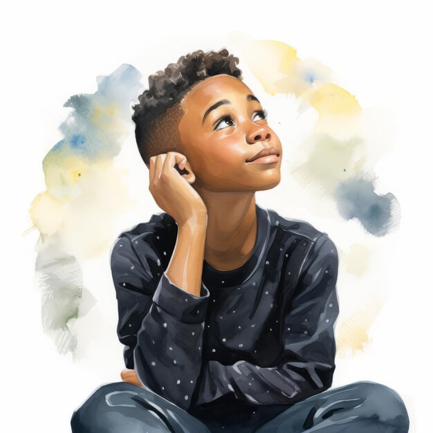 Photo black boy in thinking and doubts pose watercolor illustration young male character with dreamy face on abstract background ai generated bright drawn poster