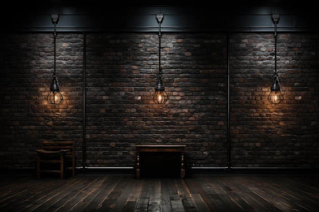 Black brick wall background with subtle reflections bathed in moody lowkey lighting emphasizing the depth and richness of the dark bricks