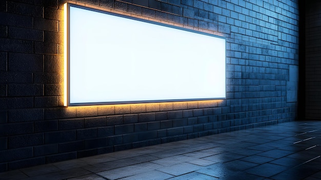 Photo black brick wall large illuminated white frame glowing empty lightbox dramatic lighting tiled floor