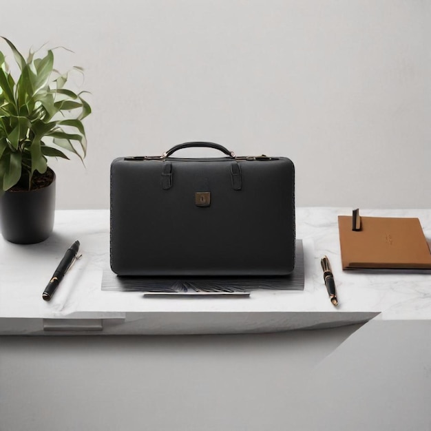 Photo a black briefcase with a plant on it next to a pen and a pen