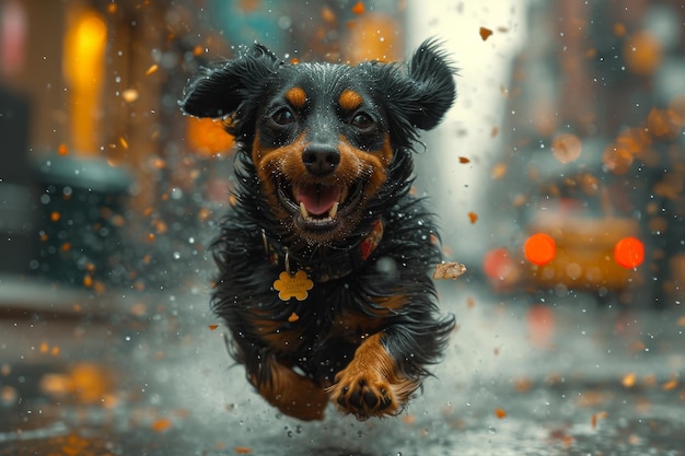 Black and Brown Dog Running in the Rain A black dachshund running past the in the city