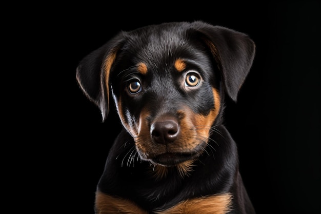 a black and brown dog with a black background