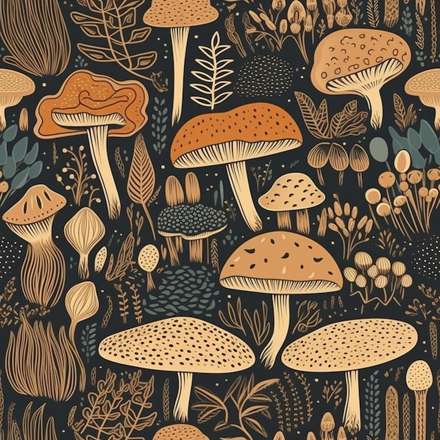 A black and brown illustration of mushrooms and plants.