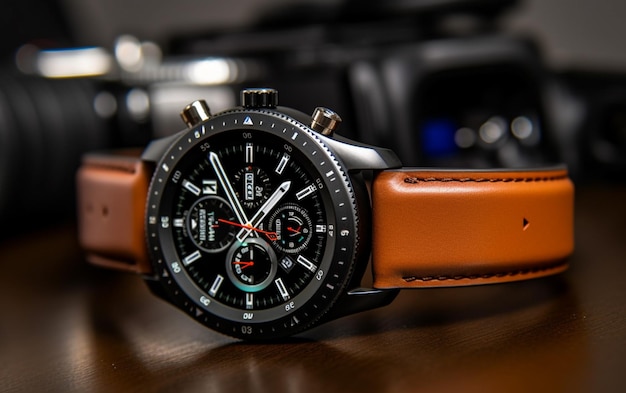 A black and brown watch with a brown strap that says breitling on it.