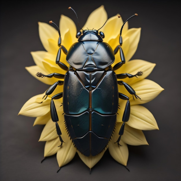 A black bug sits on a yellow flower with the word bug on it.