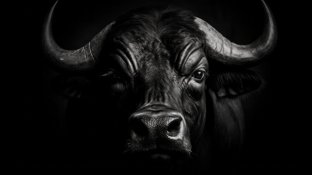 A black bull with horns is staring at the camera