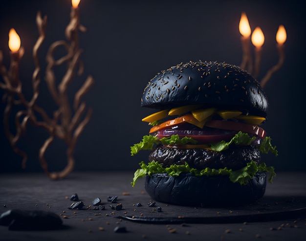 Photo a black burger with a black bun and a lit candle behind it.