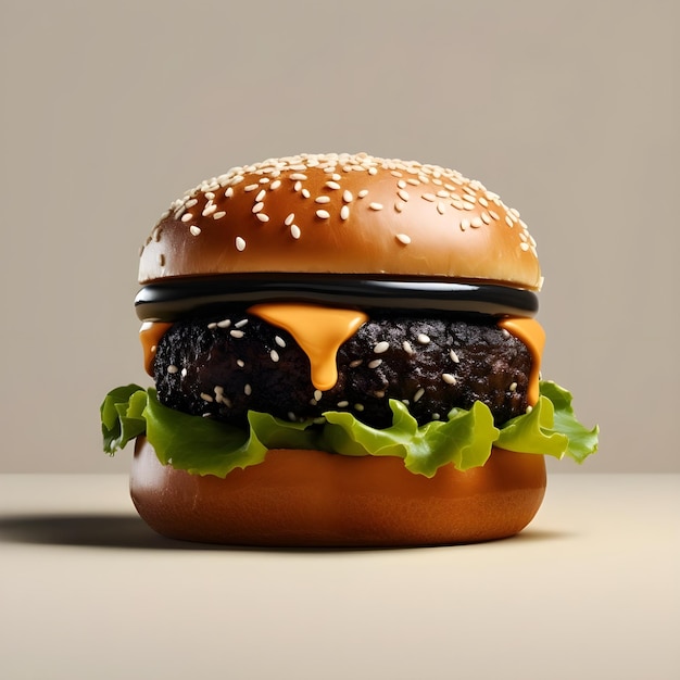 Black burger with cheese tomato and lettuce on a white background