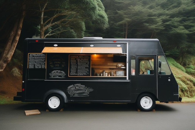 a black bus with a white rims is parked in front of a forest