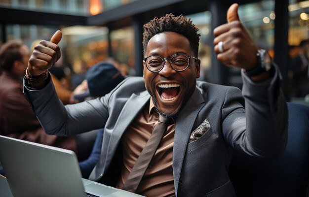 A Black Businessman Emotionally Celebrates the Success of an eBusiness Deal While Working on a Laptop at His Desk in a Skyscraper Office