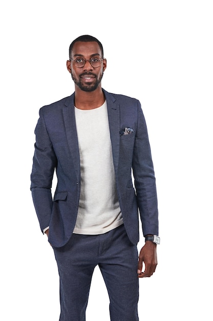 Black businessman portrait or fashion suit on isolated white background in smart casual cool or trendy clothes Creative designer worker or formal employee with vision glasses goals or innovation