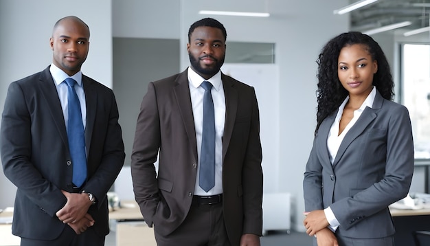 A black businessmen and businesswomen standing in the office