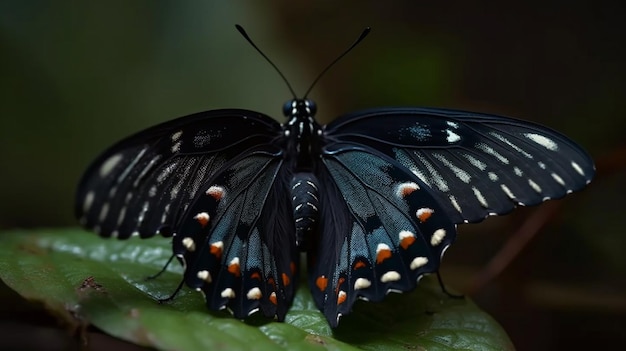 A black butterfly with orange dots sits on a green leaf.