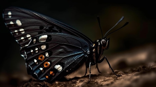 A black butterfly with white and orange dots sits on a log.