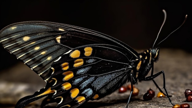 Photo a black butterfly with yellow spots is laying on a wooden surface.