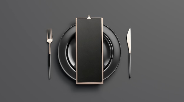 Black cafe menu on plate with cutlery. Ttableware with checklist. Booklet for breakfast or lunch.