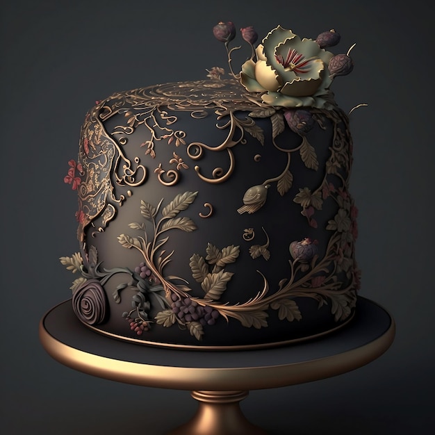 A black cake with flowers on it is decorated with roses.