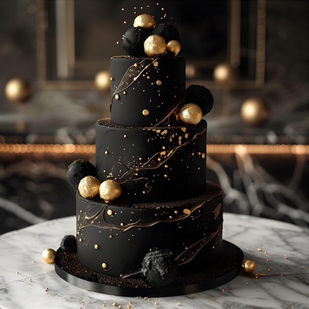 a black cake with gold balls and gold balls on a table