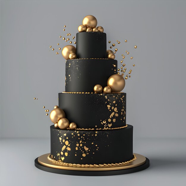 a black cake with gold balls on it